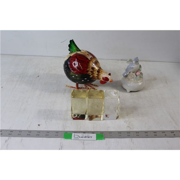 Ceramic Chicken Decoration, Ceramic Bird Music Box Decoration, (3) Glass Decorations With Art Inside