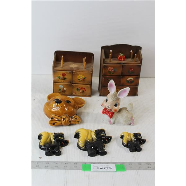 (2) Ceramic Animal Decorations, Set of Skunk Chalkware Wall Hangers, (2) Sewing Small Shelf Storage