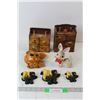 Image 1 : (2) Ceramic Animal Decorations, Set of Skunk Chalkware Wall Hangers, (2) Sewing Small Shelf Storage