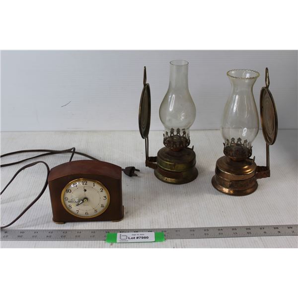 Clock - Tested Works, (2) Kerosene Lamps