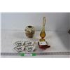 Image 1 : Amber Glass Vase, Japan Peacock Pottery Vase, (4) Clamshell Shaped Porcelain Tray, Clock - Untested