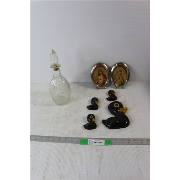 (4) Chalkware Duck Decorations, Glass Decanter, Framed Art Of Jesus and Mary