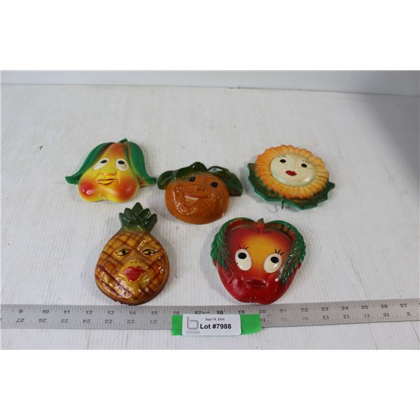 (5) Hanging Fruit/Plant Chalkware Decorations - Pear, Pineapple, Apple, Orange, Sunflower