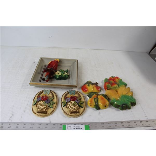 (6) Hanging Chalkware Decorations - Fruit, Basket, Bird