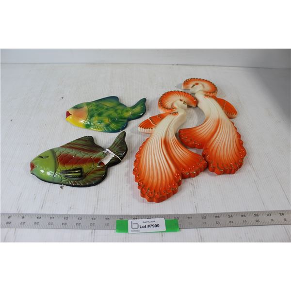 (2) Chalkware Bird of Paradise Decorations, (2) Ceramic Fish Decorations(Broken Tail)