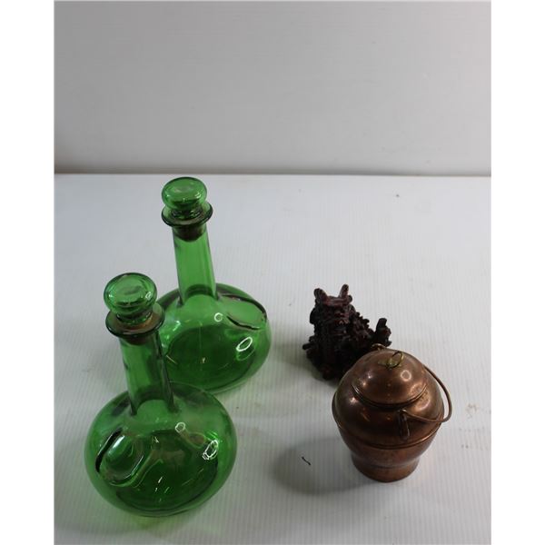 (2) Green Liqour Glass Jug, Japanese Dragon Statue and Pot
