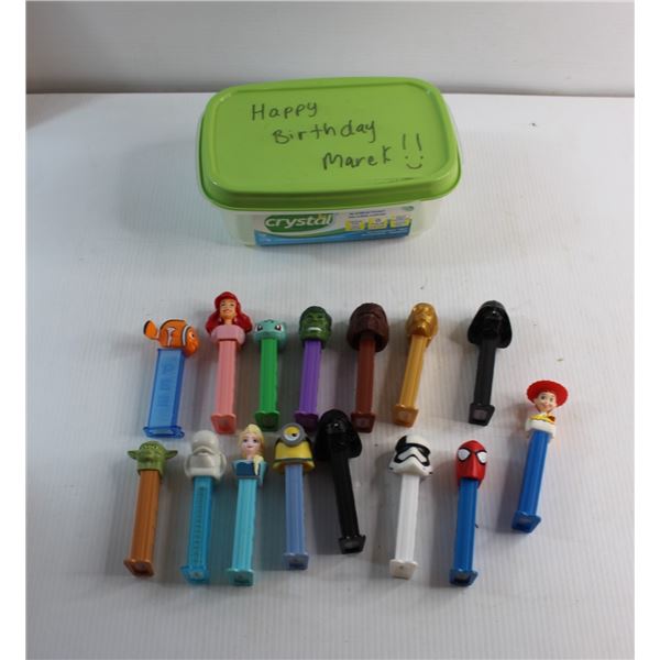 (15) Assorted PEZ Dispensers and Plastic Container