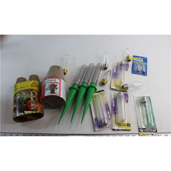 (3) Plant Spikes, Assorted Jiffy Pots and Assorted Light Bulbs