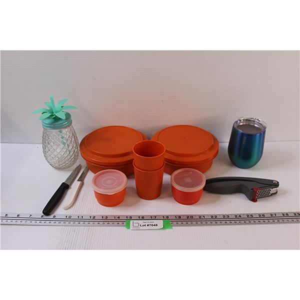 Vintage Tupperware Set, Garlic Press, (2) Cups, (2) Kitchen Knives