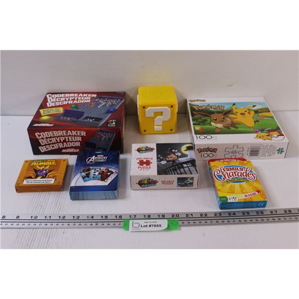 Family/Children's Lot: (2) Puzzles, Codebreaker Game, (3) Card Games, Mario Question Block Light?