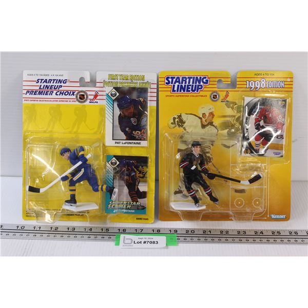 (2) Starting Line Up Figurine & Hockey Card Sets: Pat LaFontaine & Tony Amonte