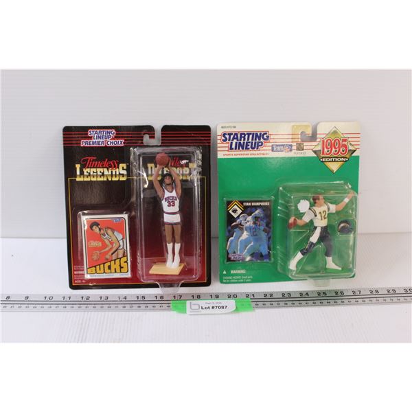 (2) Starting Line Up Figurine & Basketball/Football Card Sets: Kareem Abdul-Jabbar & Stan Humphries