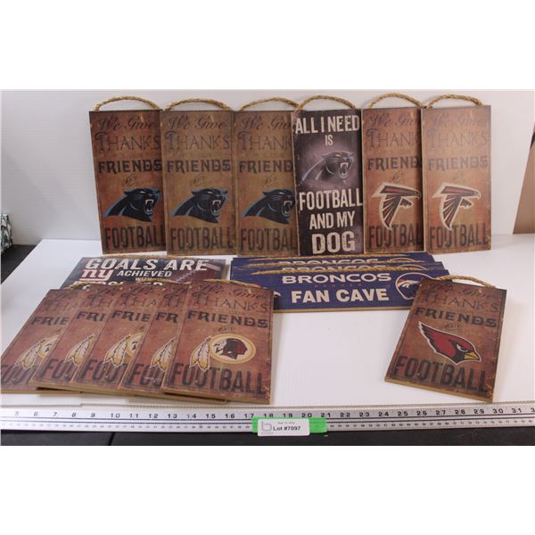 (16) Sports Fan Wood Signs: (4) Panther, (2) Patriot, (4) Broncos, (5) Blackhawks, (1) Cardinals, (1