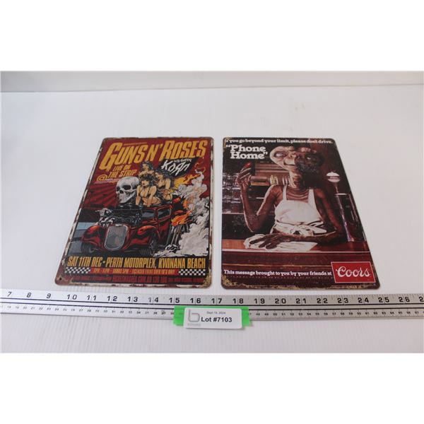 (2) Metal Signs: Coors - E.T. & Guns 'n' Roses w/Korn - 12" x 8"