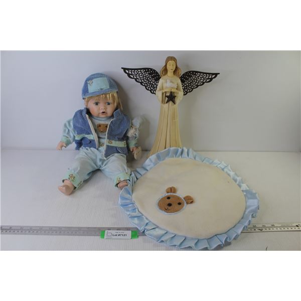 Lenardo's Collection Porcelain Doll - Resin Angel w/Metal Wings - Baby Pillow