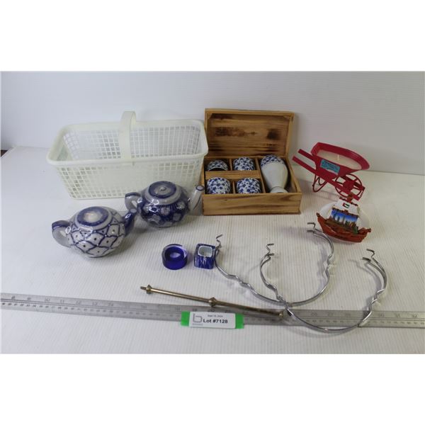 Sake Service Set - (2) Teapot Candles - Wheel Barrow Candle - Plastic Basket - Misc. Items