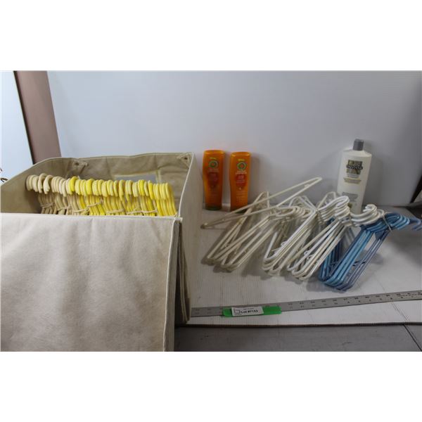 Basket With Assorted Hangers, (2) Herbal Essences Bath/Shower, Pantene Shower Conditioner