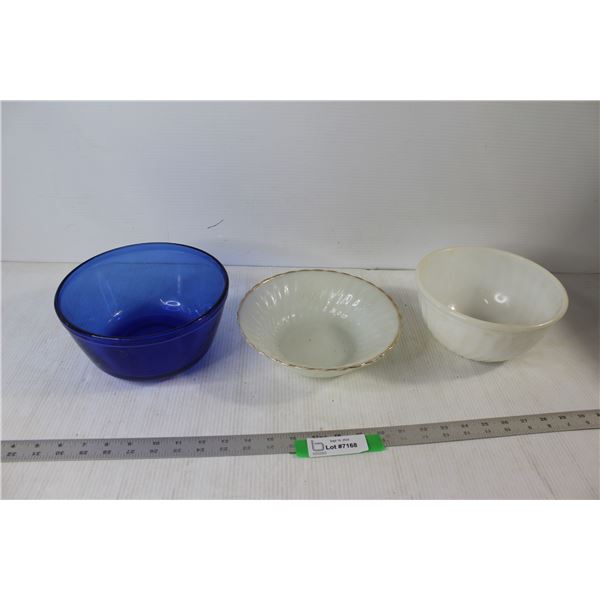 (2) Mixing Bowls -  Milk Glass and Cobalt Blue, and Milk Glass Serving Bowl