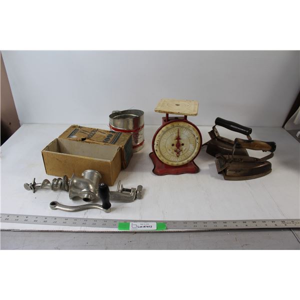 Flour Sifter, Meat Grinder, (2) Vintage Irons, Kitchen Scale