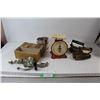 Image 1 : Flour Sifter, Meat Grinder, (2) Vintage Irons, Kitchen Scale