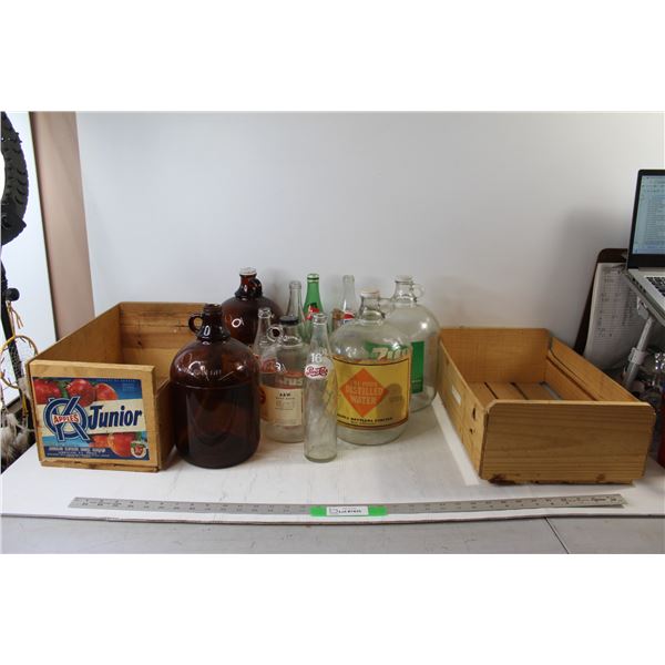 (11) Glass Soda Bottles and Jugs, (2) Wooden Crates