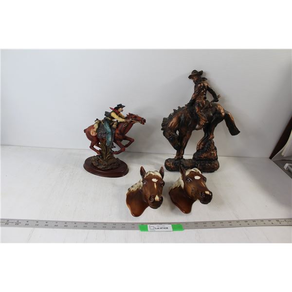 (2) Ceramic Horse Head Decorations, (2) Cowboys on Horses Decorations
