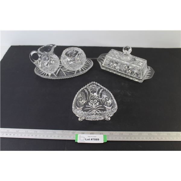 Pinwheel Crystal - Creamer & Sugar Dish on Plate (sugar has chip) - Butter Dish (lid has a chip) - C