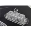 Image 4 : Pinwheel Crystal - Creamer & Sugar Dish on Plate (sugar has chip) - Butter Dish (lid has a chip) - C