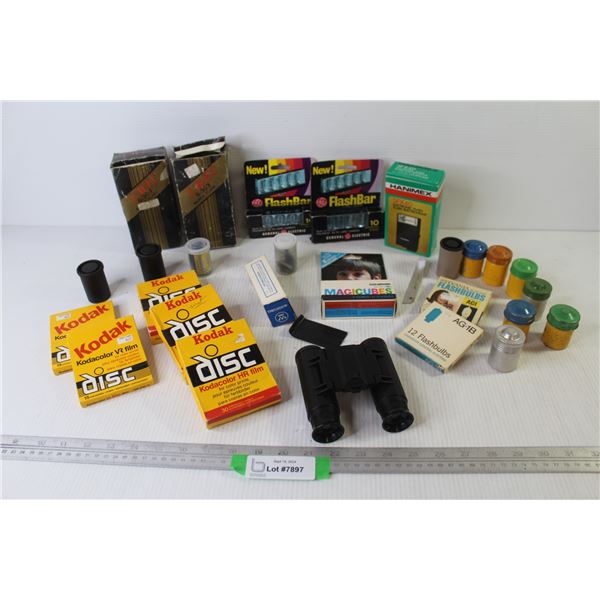 Vintage Camera Flash Bulbs - Kodak Films - Empty Film Containers - Binoculars