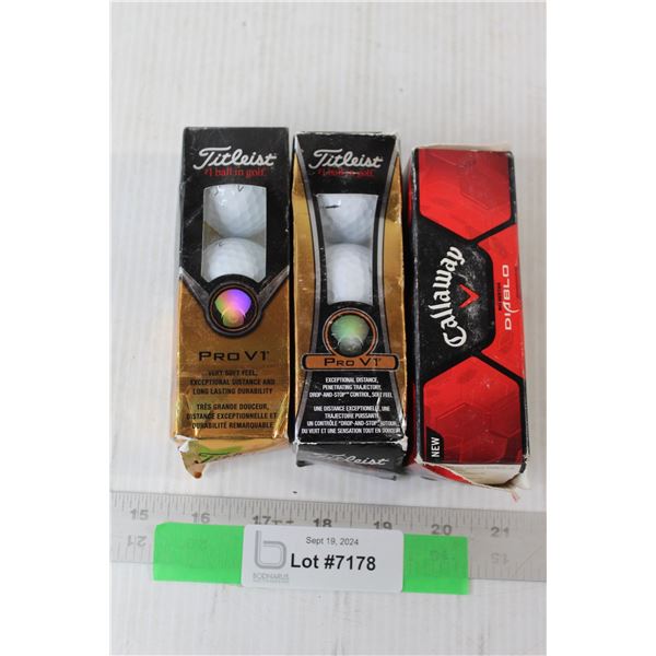 (2) Packs Of 3 Titleist Pro V1 Gold Balls, Pack Of (3) Callaway Big Bertha Diablo Golf Balls
