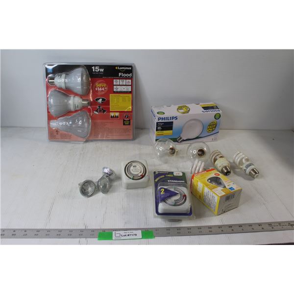(2) Philips 40w Light Bulbs, Luminus 15w Floodlights, (2) Appliance Timers, (7) Lightbulbs