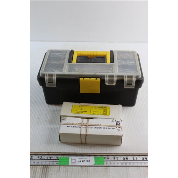 Various Screws, Lags, Bolts, L Cleats for Hardwood Flooring and Plastic Tool Box