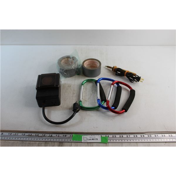 Woods Electrical Timer, Wood Burning Tool, (3) Carabiners and (2) Gray Tapes