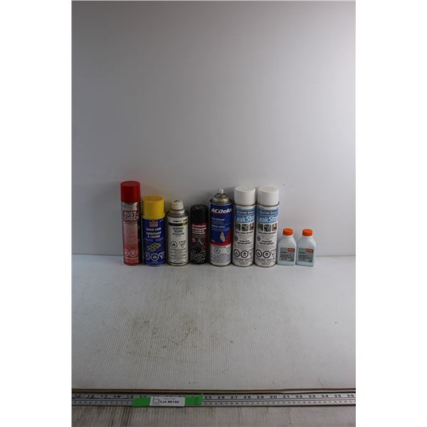 (2) Stihl Premium 2 Stroke Engine Oil Bottles and (7) Automotive Sprays - Chain Lube, Glass Cleaner 