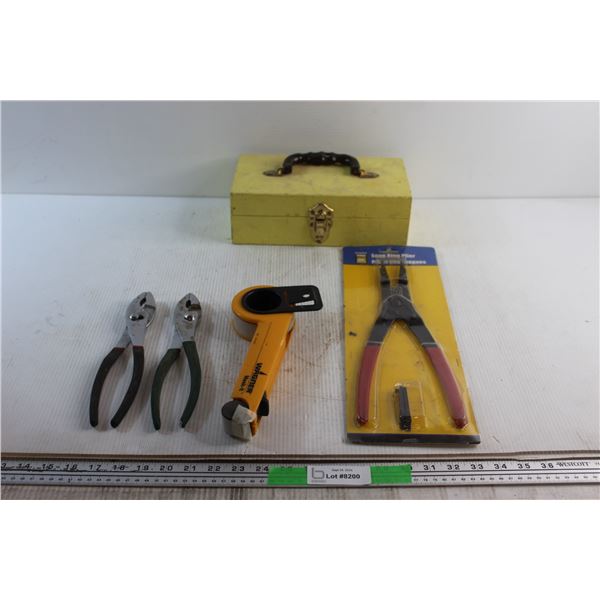 Power Fist Snap Ring Plier, (2) Unmarked Pliers, Wooden Tool Box and Wagner Mask It Tape Dispenser