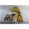 Image 1 : Power Fist Snap Ring Plier, (2) Unmarked Pliers, Wooden Tool Box and Wagner Mask It Tape Dispenser