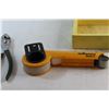 Image 8 : Power Fist Snap Ring Plier, (2) Unmarked Pliers, Wooden Tool Box and Wagner Mask It Tape Dispenser