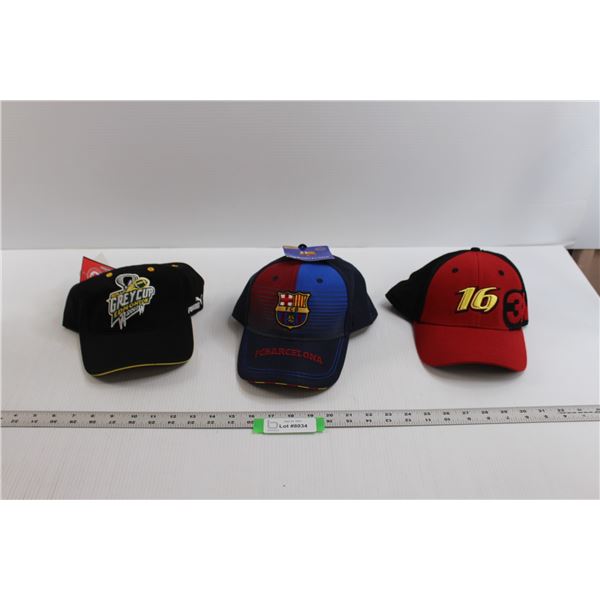 (3) Hats ( NASCAR 3M Greg Biffle #16, 90th Grey Cup Edmonton 2002 & FC Barcelona)
