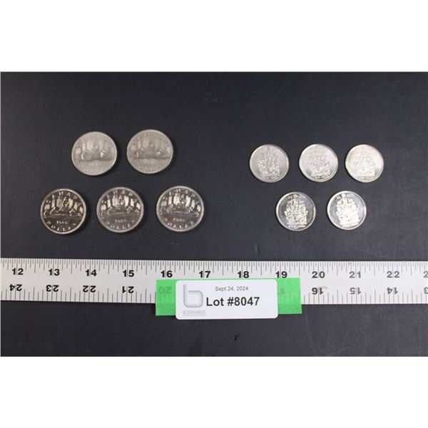 (5) Canadian One Dollar Coins "Voyager'" 1980, 1981, 1986 ) & (5) Canadian 50 Cent 1952-2002 Queen E