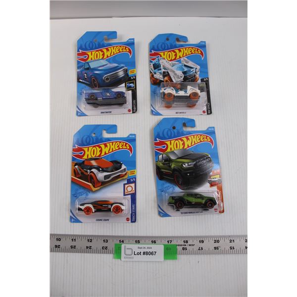 (4) Mattel Hot Wheels Mainline Cars - Draftnator, Cosmic Coupe, '19 Ford Ranger Raptor, Bot Wheels -