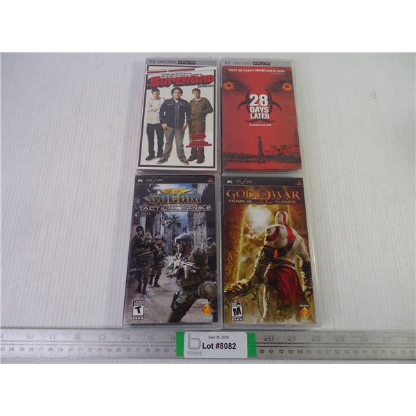 (2) PSP Games - God of War, SOCOM (W/ Booklets) and (2) PSP Videos - Super Bad and 28 Days Later