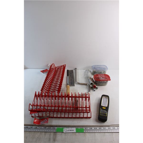 (4) Piler Wire Racks, Mastercraft Reversible Dovetail Saw, Magnetic Light and Assorted Hardware