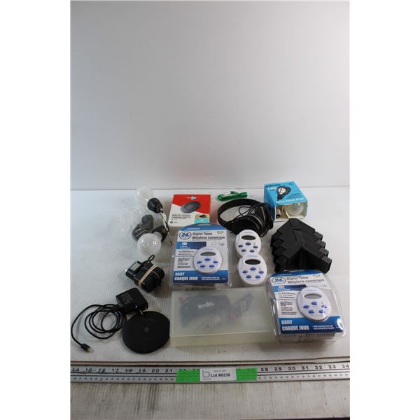 (4) Noma Digital Timers, Blue Hive Ultra Thin Wireless Charger, Light Bulbs and Assorted Items