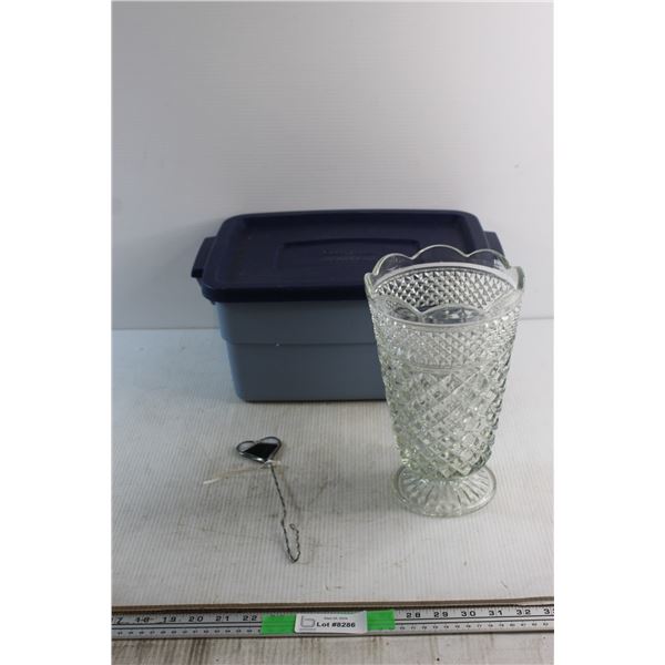 Vintage Glass Vase, Rubbermaid Tote and Stained Glass Heart