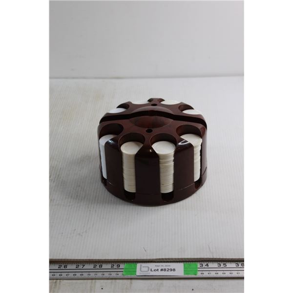 Vintage Plastic Poker Chips in Revolving Carousel - Approx 250 Chips (White, Red and Blue)