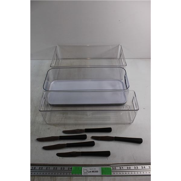 (3) Clear Plastic Fridge Organisers and Vintage Butter Knives