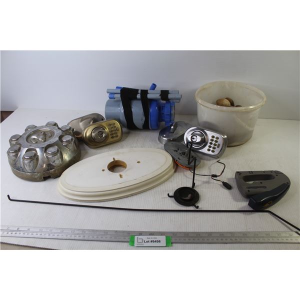 (2) Combination Door Locks - 5Gal. Jug Water Pump - Smooth Rocks - Stapler - Misc. Items