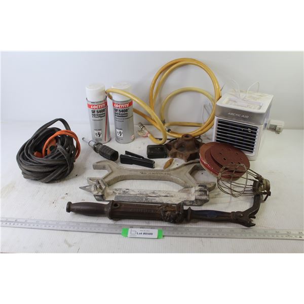 (2) Cans of Belt Dressing - Artic Air Cooler - Ice Maker Supply Lines - 5" Sanding Disks - Nail Pull
