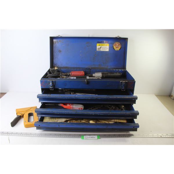 Tool Box w/Contents - Chain Saw Blade - Work Gloves - Hand Tools - Stapler