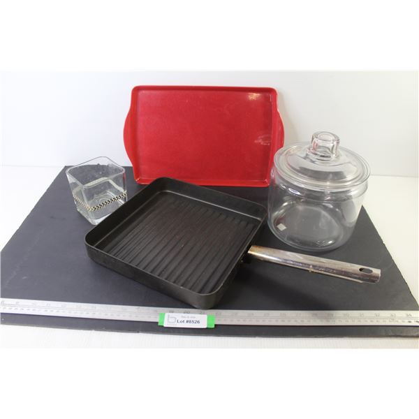 Grill Pan - Plastic Tray - Lidded Glass Container - Glass Vase